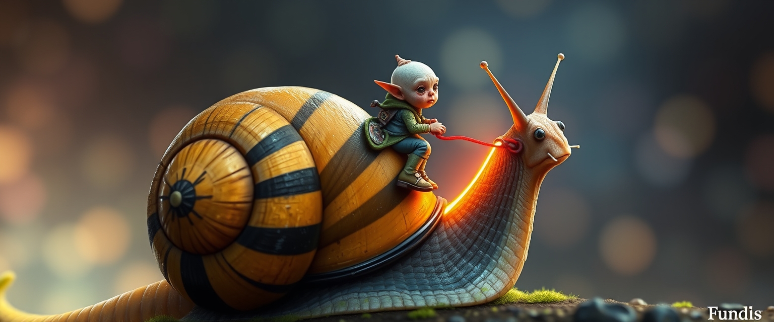 A tiny goblin jockey riding on the back of a giant snail, with neon reins. The snail's shell is striped black and yellow, leaving a slime trail, surrounded by neon bokeh, in the style of a fantasy painting.