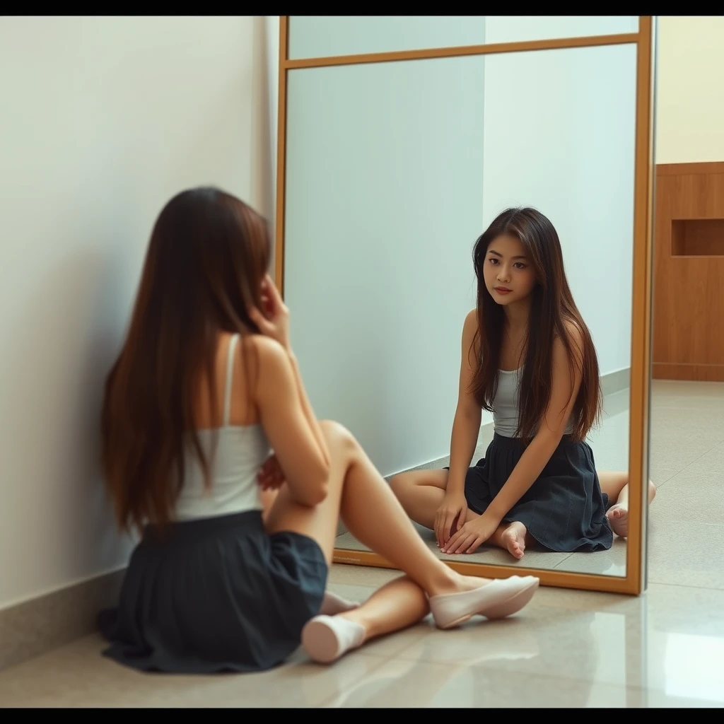 A female student is sitting on the ground in a short skirt, looking at herself in a mirror. Note that she is looking in a full-length mirror. - Image