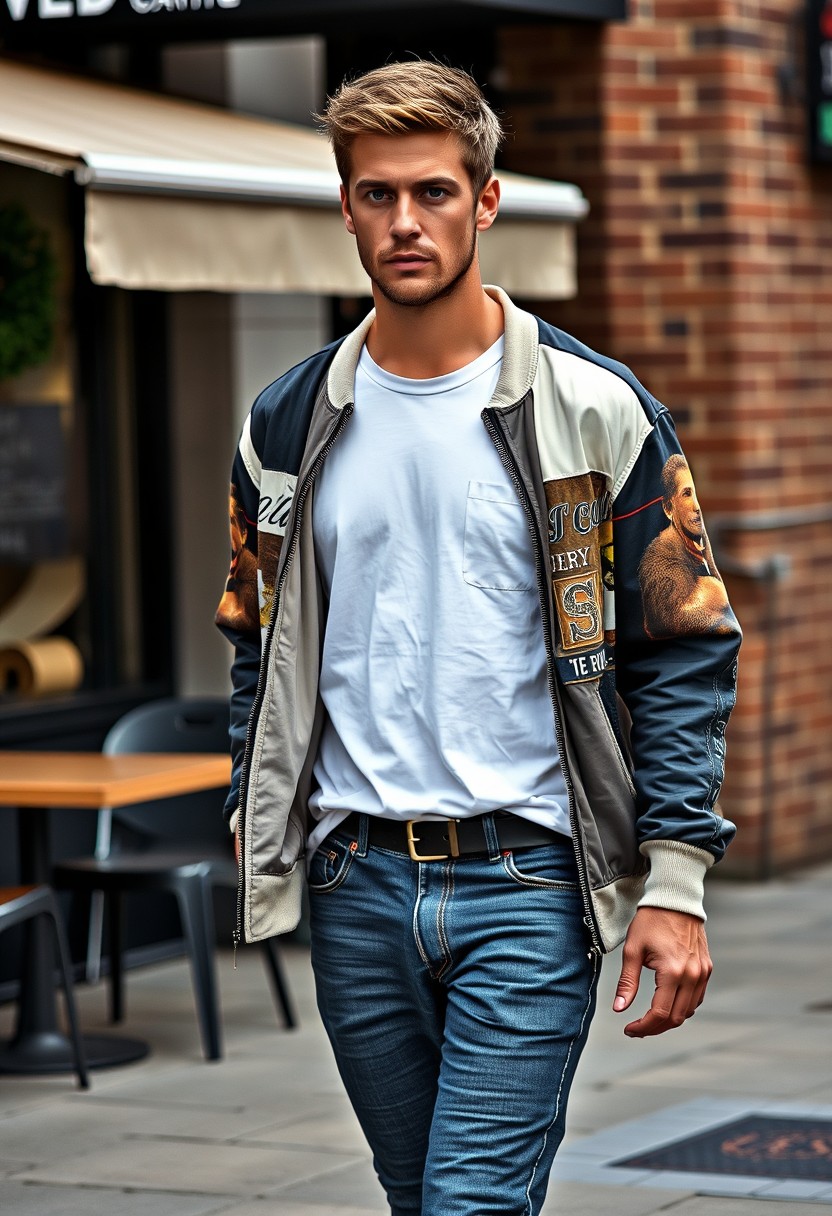 Freddie Prinze head and body shot, handsome, young, serious face, white t-shirt, collage jacket, skinny jeans, sneakers, walking with hot style, near cafe, hyper realistic, street photography, brick wall, full body photo, morning scenery.