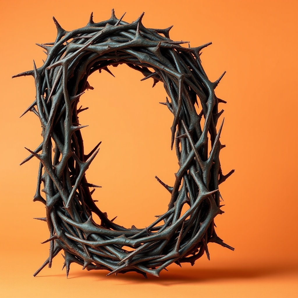 A letter "E" made of thorns with the shape of an "E" in a light orange background, realistic photograph.