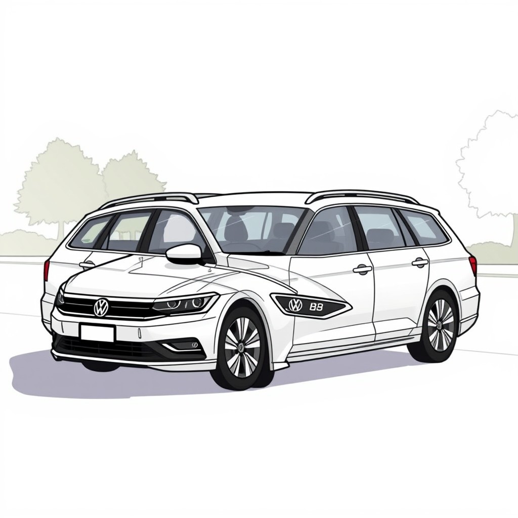 White Volkswagen Passat B8 station wagon. Drawing in manga format. - Image