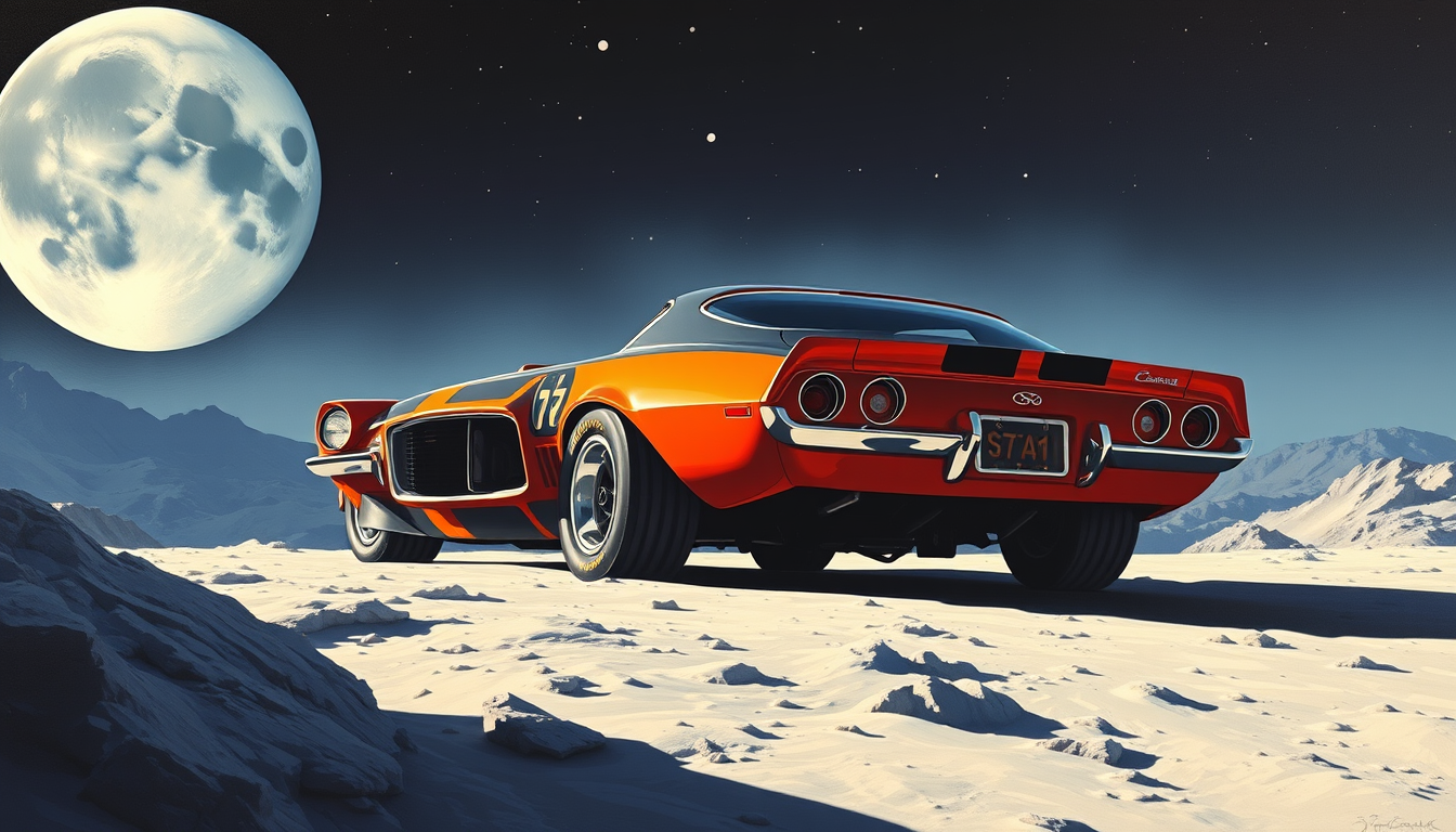 a 1972 Camaro on the moon, as painted by Syd Mead.