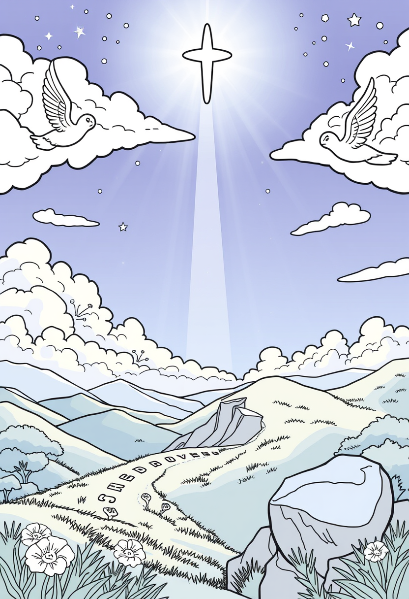 Illustrate a beautiful, serene landscape symbolizing the Kingdom of Heaven, with angels and light shining down. A coloring book page, cartoon style, thick lines, low details, no shading. - Image