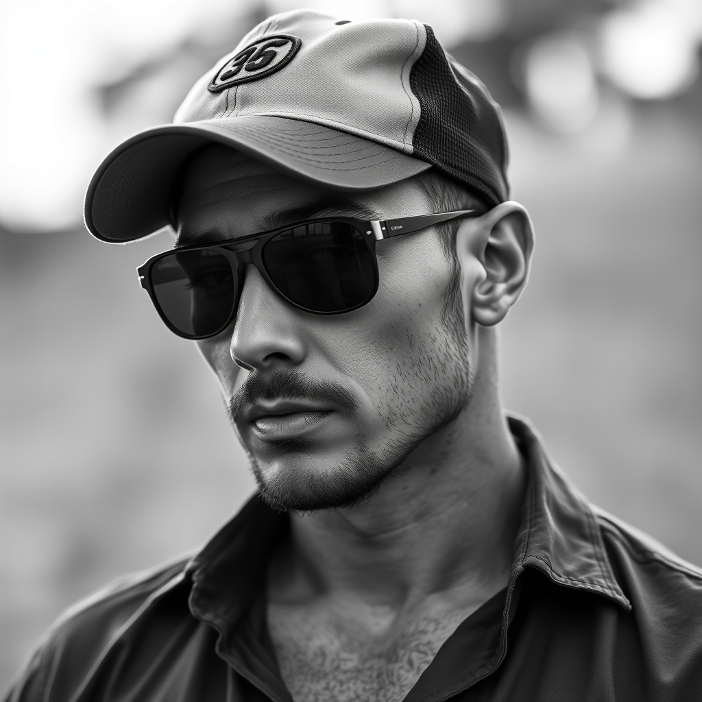 "A cool black-and-white depiction of a man around 35 years old, half-length, wearing a baseball cap, Asian, with black aviator sunglasses, a little beard, tough guy demeanor, shirt, well-defined facial features, strong physique, and clean, fresh skin."