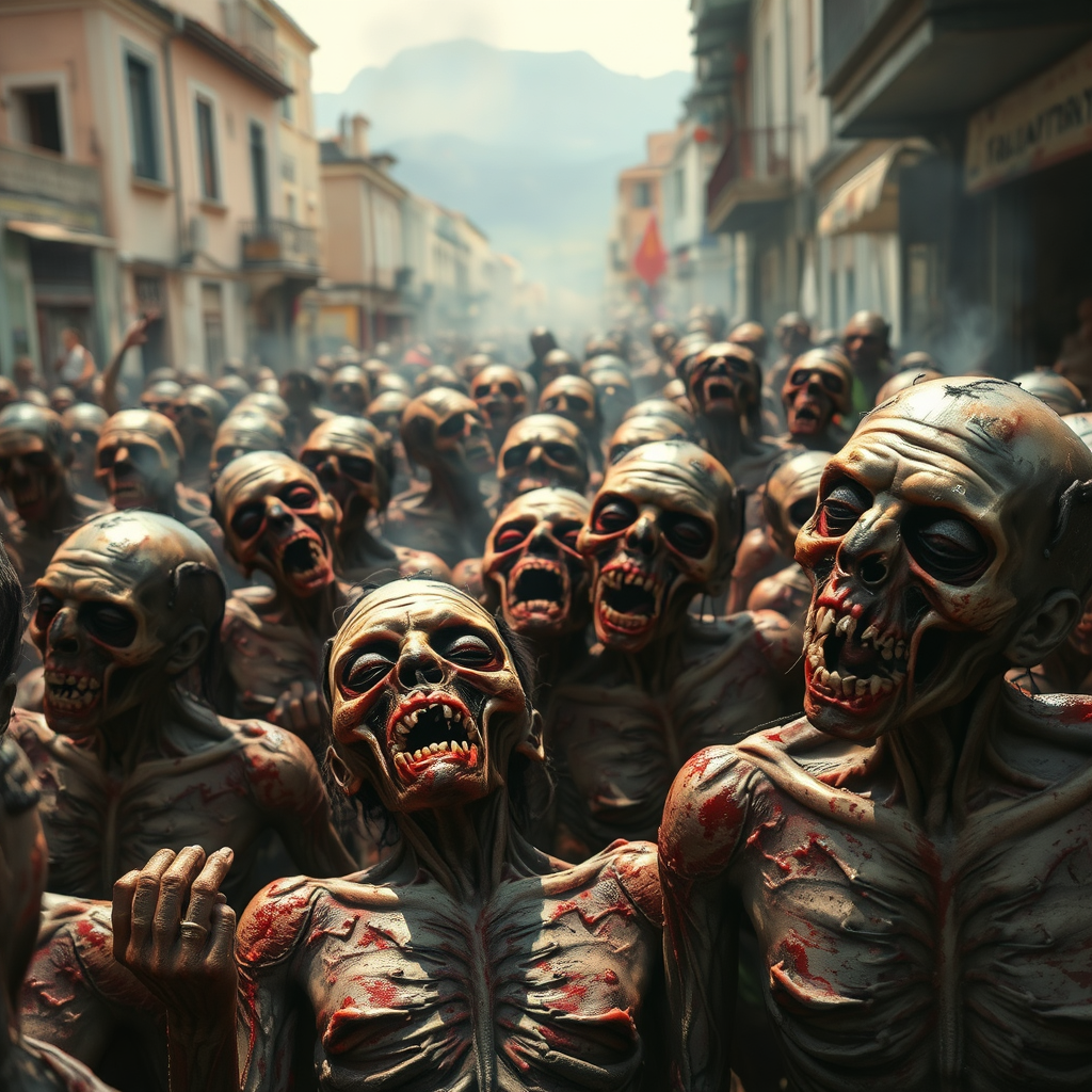 A horde of dead or dying zombies, exterminated by the intense heat of the Italian region's climate and the frying of foods (eggplants, peppers, fish), set in Calabria with distinctive regional elements in the background, depicted in a dramatic and detailed style. - Image