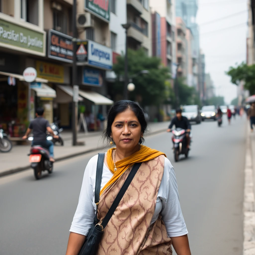 A woman walking in the streets of modern Dhaka.