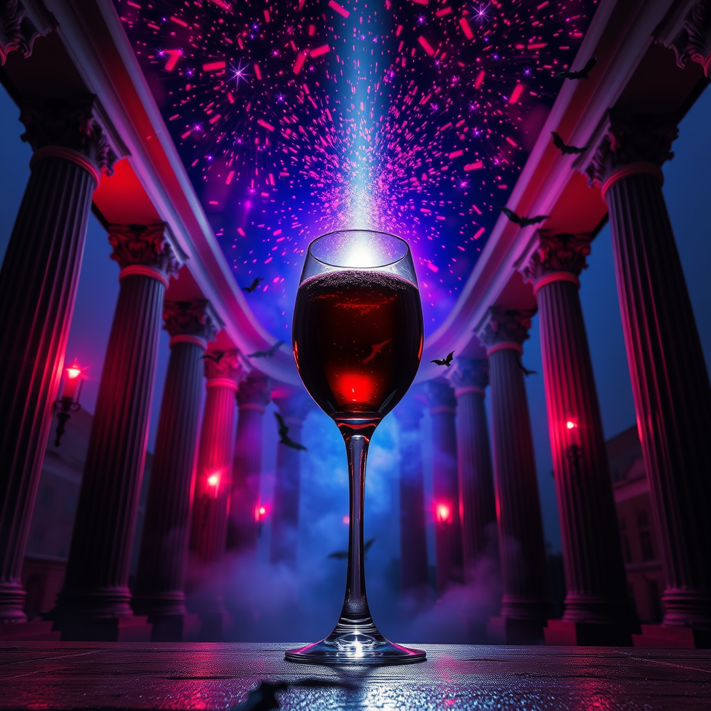 All glassblowing superrealism style urban vampire style ONLY ONE BIG glass of wine in the center strong light beam in spiral fireworks stars light astral realm interdimensional palace columns some flying little bats outdoor red purple blue glow Happy festive feeling.