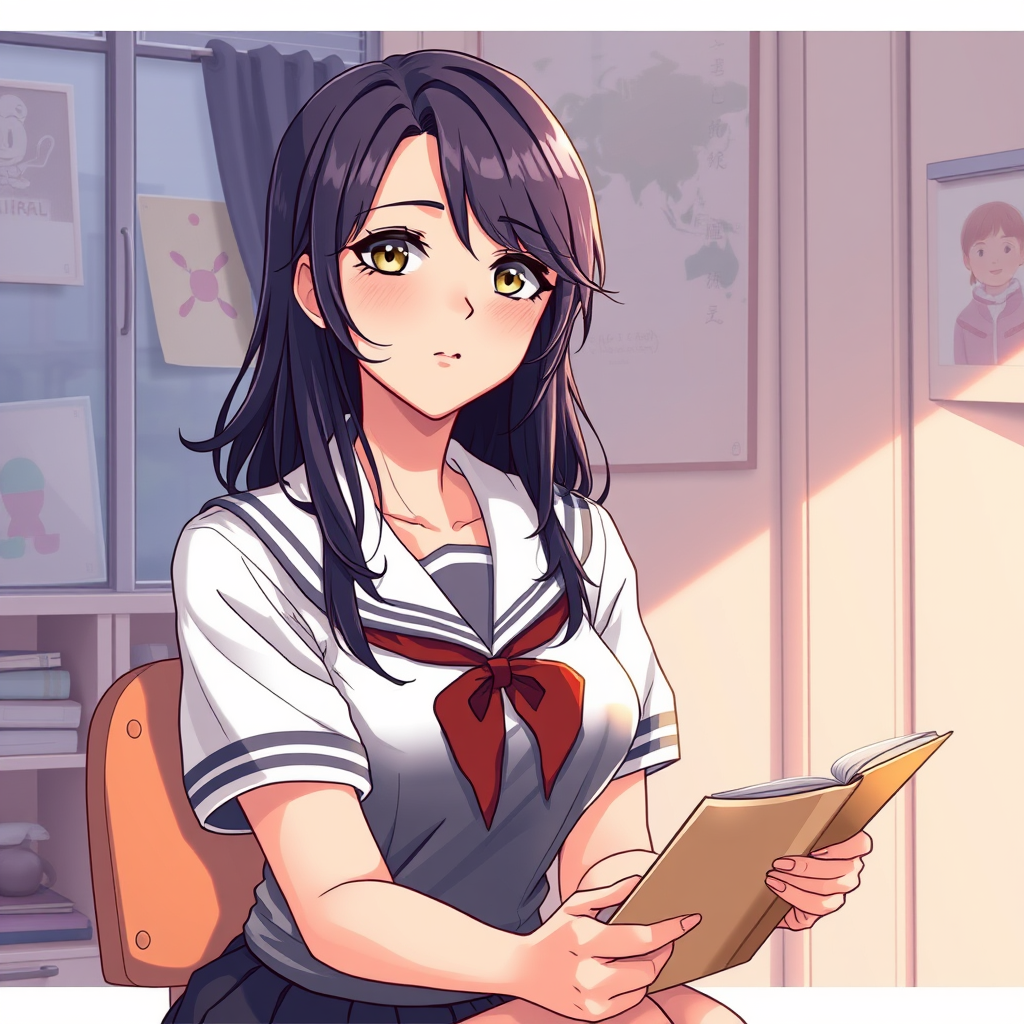 Pop art, realistic Anime illustration of a motherly woman, hair style, school uniform, natural reflective, detailed body, studying, girl's room, anime illustration, illustration quality, realistic shadows, - Image