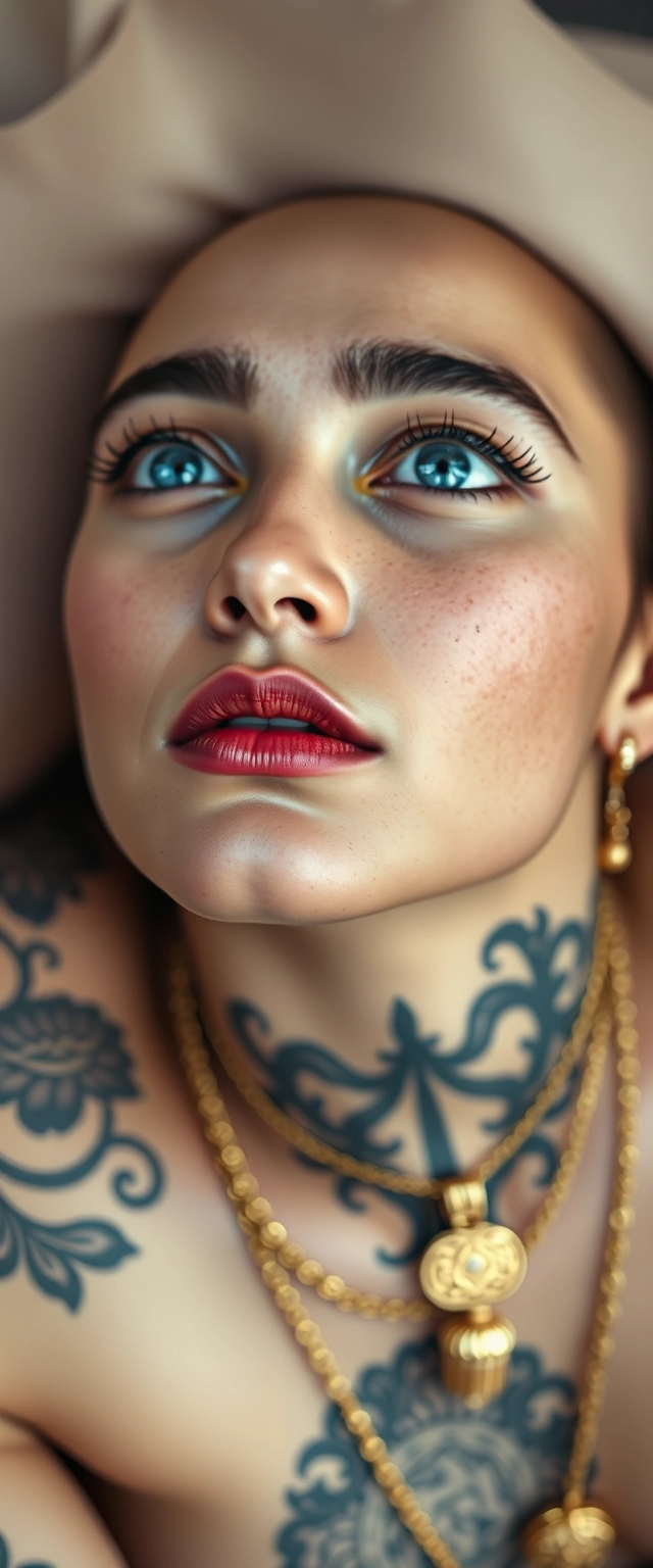 Close-up shot of the tattooed body of a white-skinned Indian-Korean woman with beautiful facial features, a defined jaw, and blue eyes, wearing gold ornaments while lying down sideways and looking up.