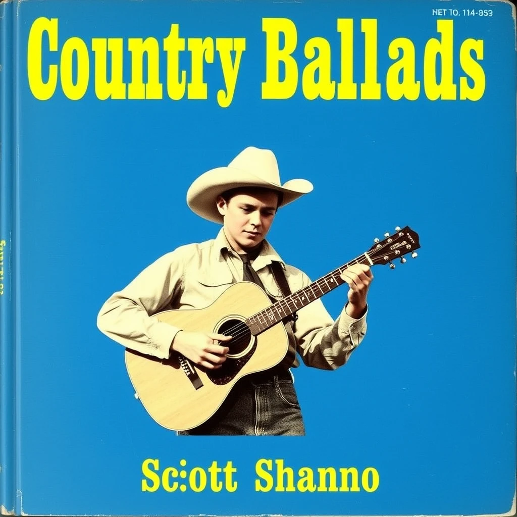 A blue square music album. A photo of a young cowboy playing a guitar is centered on the album. At the top of the album are the words Country Ballads in yellow. At the bottom of the album are the words Scott Shannon. - Image