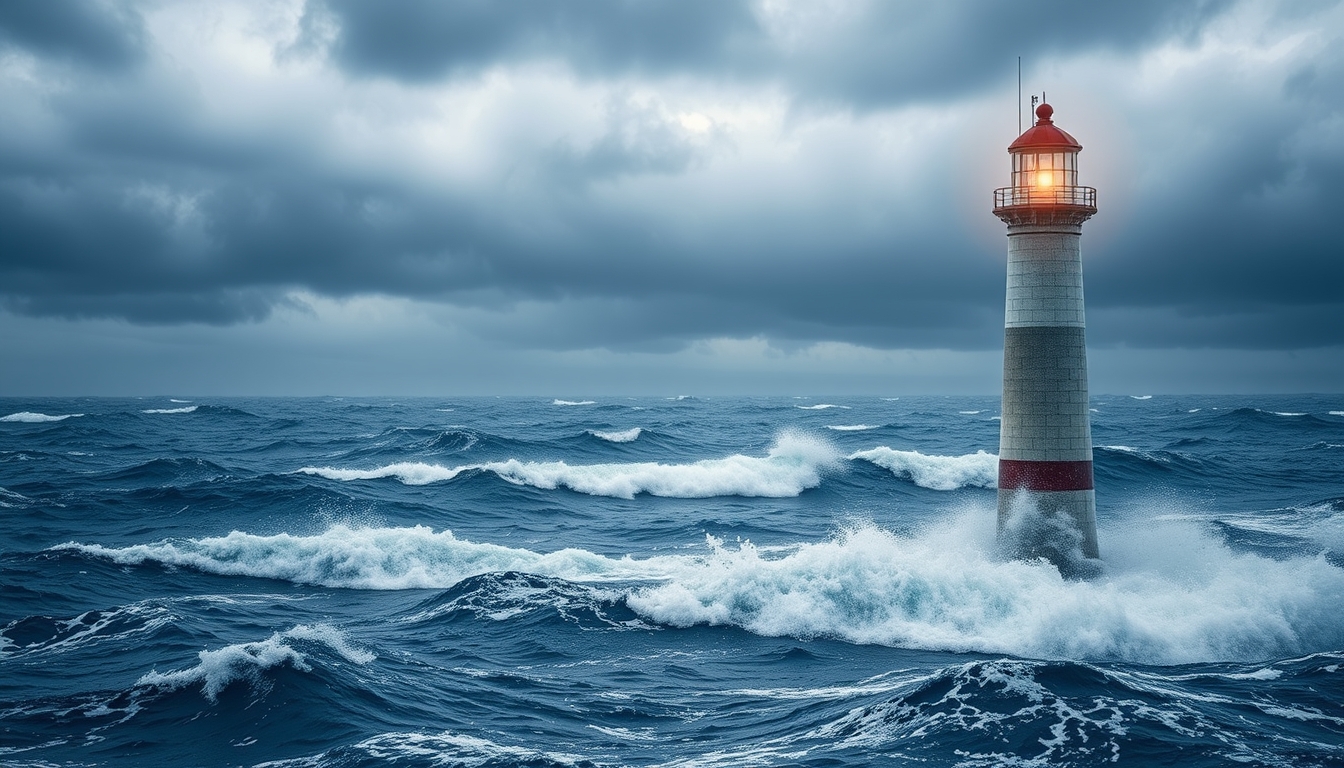 A dramatic stormy sea with a glass lighthouse standing tall against the waves.