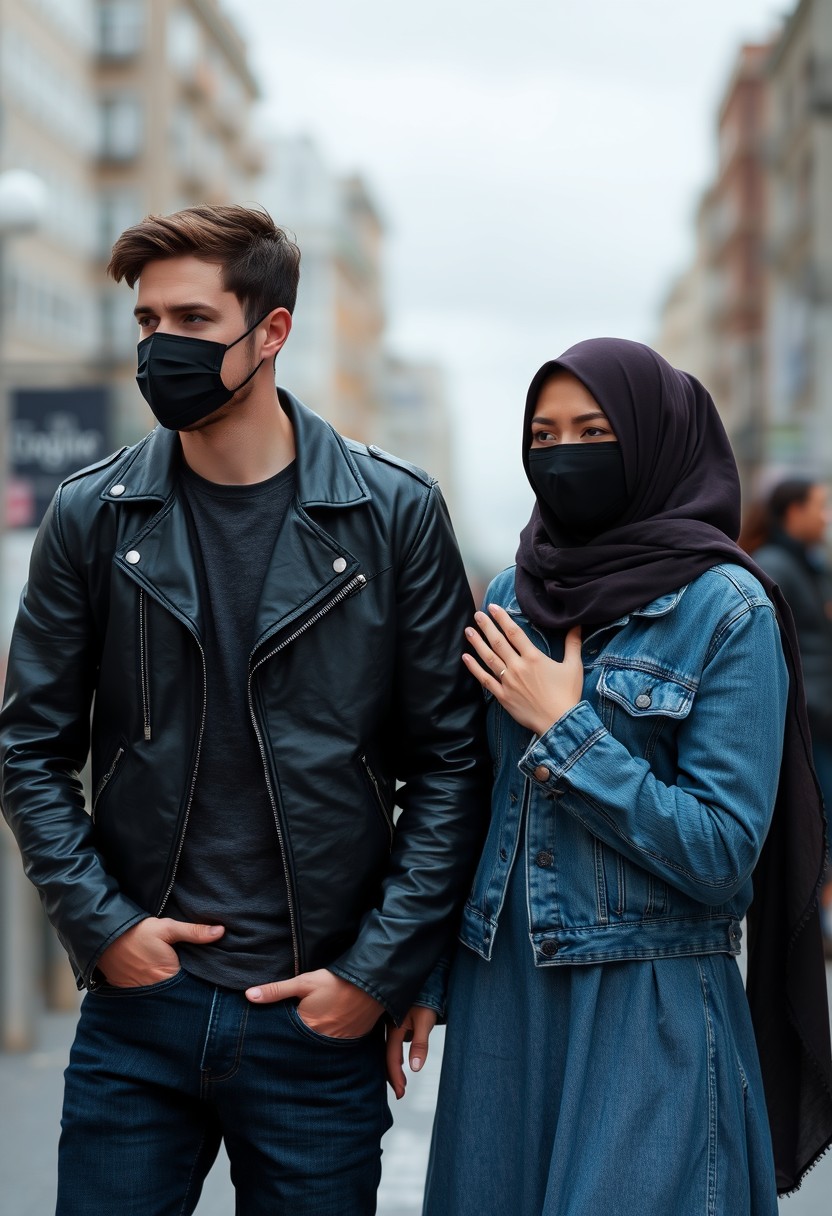 Jamie Dornan, handsome, black face mask, black leather jacket, jeans, dating, love couple with the biggest hijab Muslim girl, beautiful eyes, black face mask, jeans jacket, biggest skirt, wedding rings, gloomy scenery, realistic, street photography. - Image