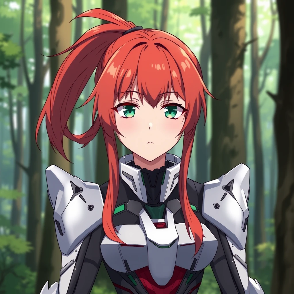 Red-haired girl in the forest, green eyes, long hair, ponytail, calm and serious, mecha suit, in the style of Conrad Roset, Honkai Star Rail, Yoneyama Mai. - Image