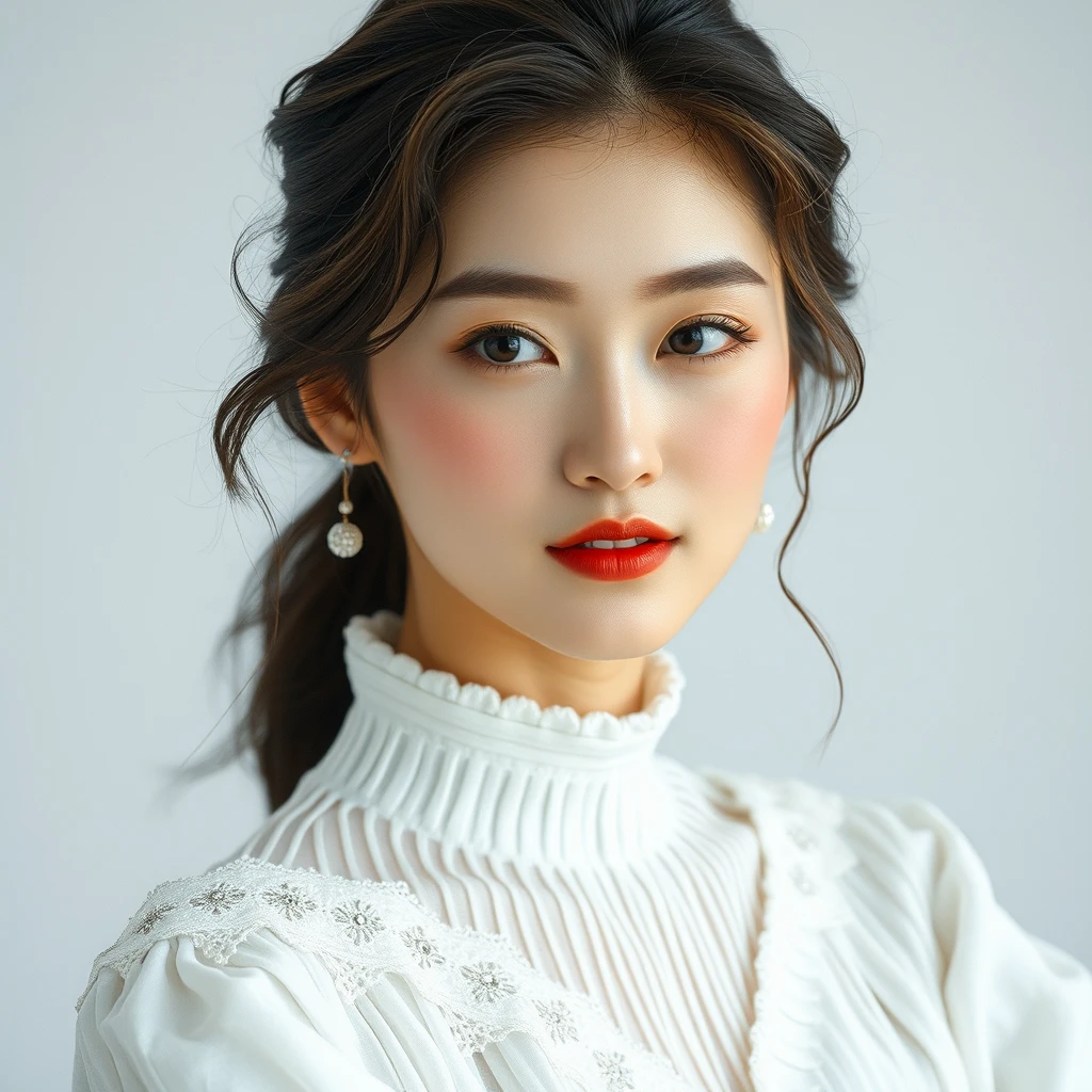 Graceful Korean model, exuding charm and poise, captured in a high-fashion photography setting that harmoniously combines artistic elements with a touch of allure. The image highlights a refined presentation of elegance, featuring high-definition textures and meticulous lighting, showcased in an elegant aspect ratio, full-body, snow white. - Image