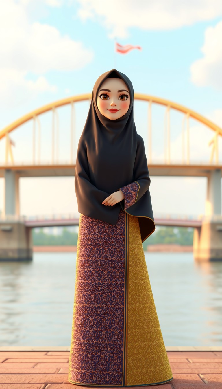 A 3D cartoon animation of a Muslim woman from Palembang, Indonesia, wearing a traditional long songket dress. She stands gracefully in front of the iconic Ampera Bridge, which arches beautifully in the background. The scene is rendered in stunning 8k resolution, capturing the vibrant colors and intricate details of the songket fabric. The woman's expression is serene and peaceful, with a gentle smile. The overall atmosphere is warm and welcoming, showcasing the cultural beauty and elegance of Palembang.