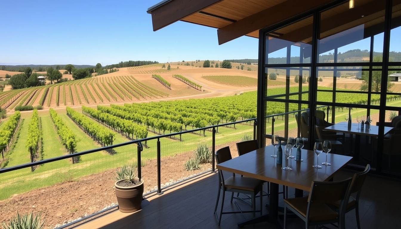 A picturesque vineyard with a glass-walled tasting room overlooking the grapevines.