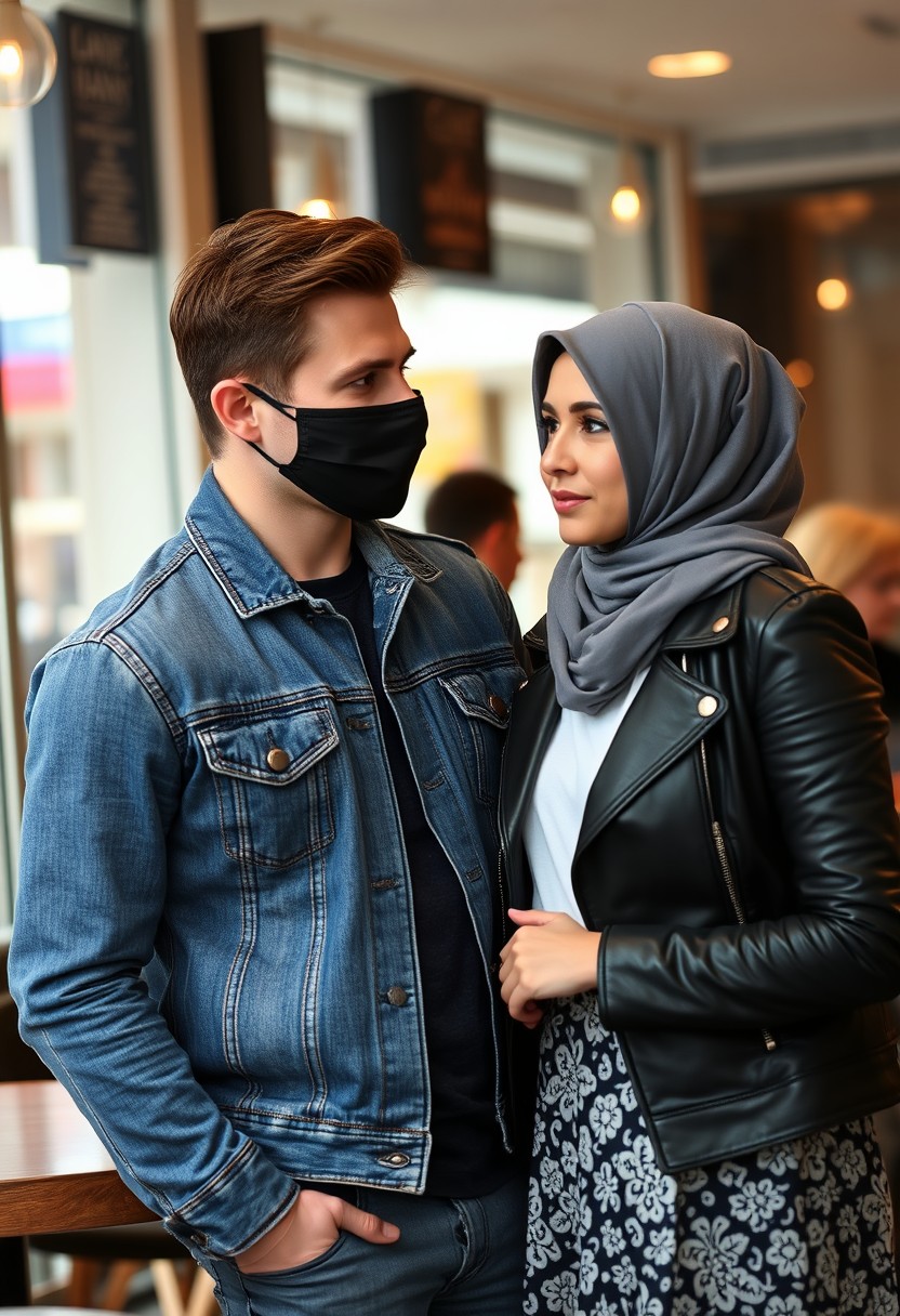 Jamie Dornan's head and body shot, handsome, face mask black, blue jeans jacket, jeans, dating, love couple with grey hijab Muslim girl, beautiful eyes, face mask black, black leather jacket, biggest pattern skirt, talking at cafe, photorealistic. - Image