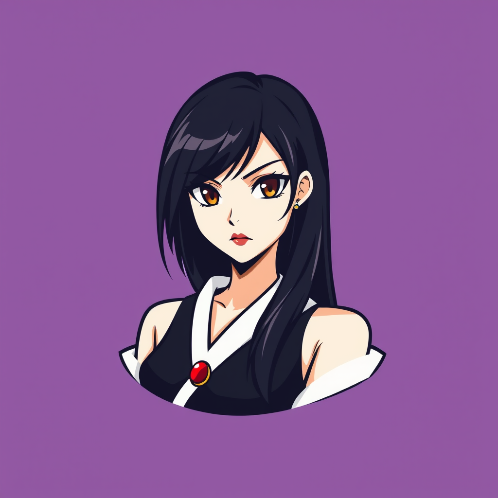 A basic simple vector logo of a beautiful female character with hazel brown eyes, long, dark black hair with white front strands, wearing a black and white outfit with a red pendant necklace, and a serious face with red lipstick, on a purple background. - Image