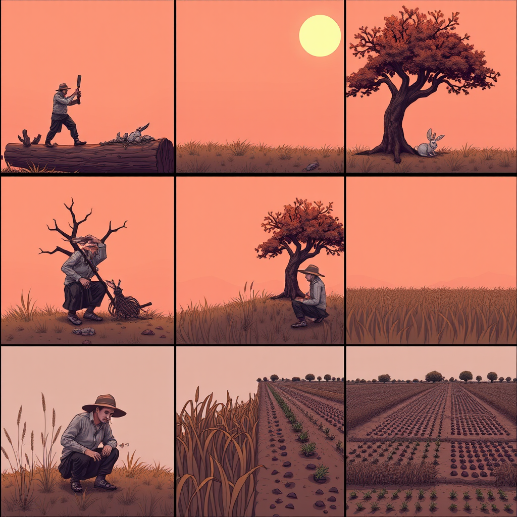 The image style is "cyberpunk," featuring an ancient farmer in a 3x3 grid. In the first panel, the farmer is chopping down a tree. In the second panel, a rabbit rushes toward the tree. In the third panel, the farmer catches the rabbit. In the fourth panel, the farmer is carrying the rabbit home. In the fifth panel, the farmer sits under the tree. In the sixth panel, the farmer sighs while sitting under the tree. In the seventh panel, the farmer stares blankly at the sky. In the eighth panel, the crops have withered. In the ninth panel, the farmer is planting seeds in the field.