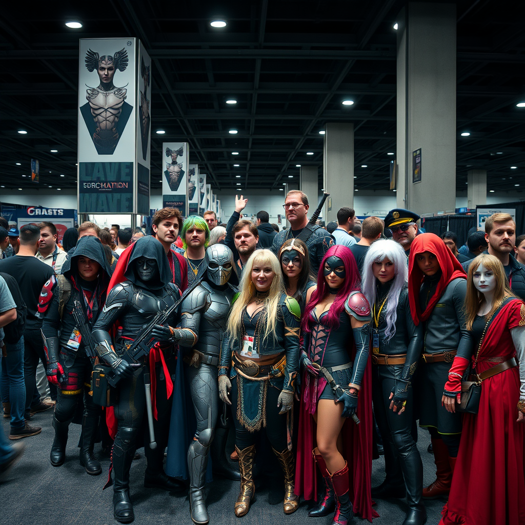 comic con group photo, lots of different cosplay, shot on Sony Alpha, dark moody aesthetic