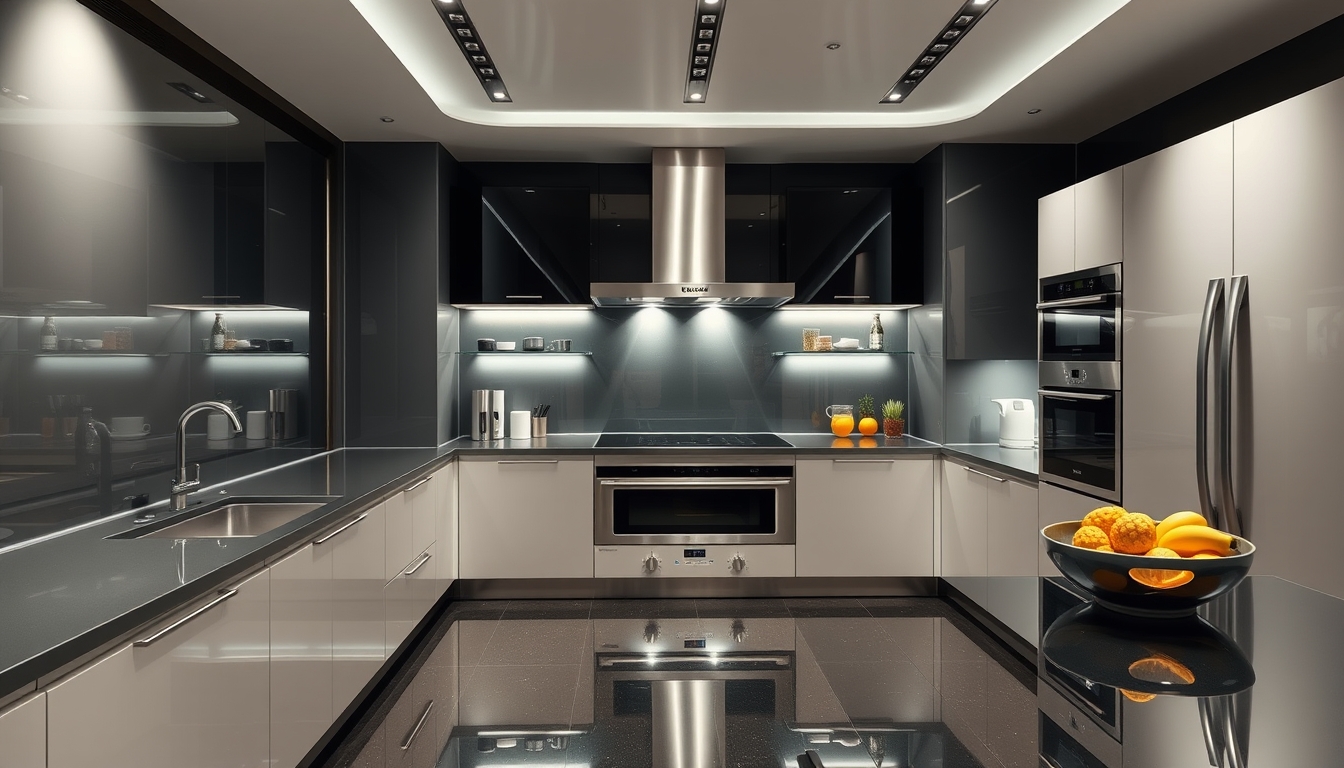 A sleek, modern kitchen with glass countertops and futuristic appliances.