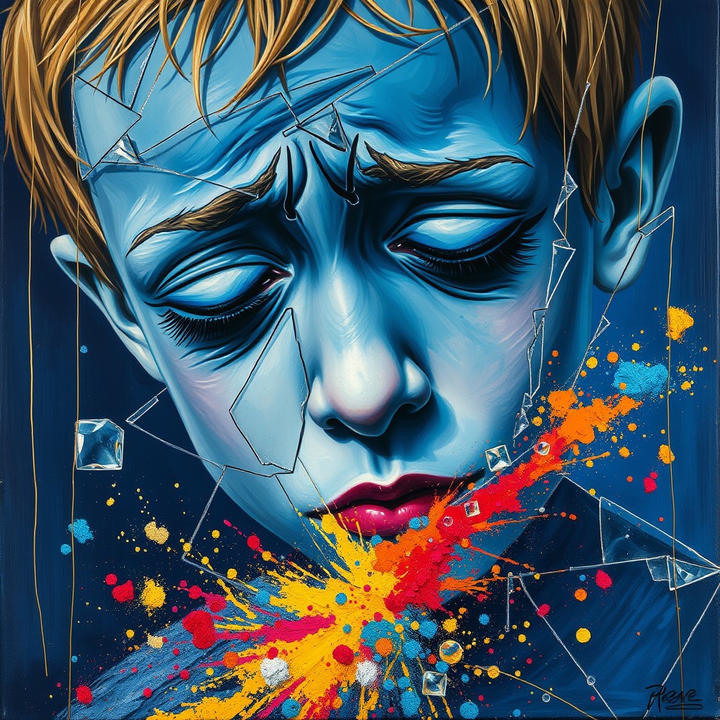 It's an oil painting in the style of Picasso, close up, a weeping boy with blue skin and a broken face, surrounded by glass breakage and gold lines on a dark blue background, colorful explosion of the spillage of powder. - Image