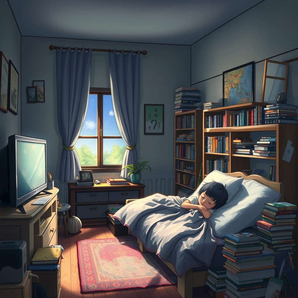 "Miyazaki-style painting, high definition, a little girl sleeping in a room, with a window, a television, a lot of furniture, and many books."