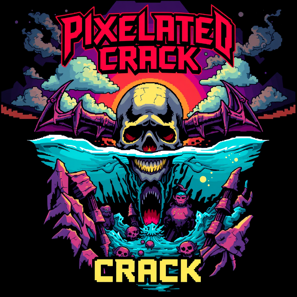 T-shirt design featuring a blocky, colorful 8-bit style of death metal blended with chiptune. The visual should be unique and striking, yet macabre combined with beauty, and the band name is "Pixelated Crack," inspired by a deep sea scene.