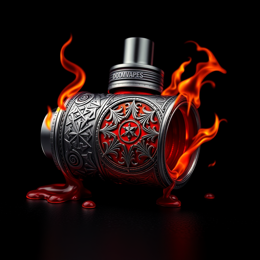 Hyper-realistic logo design for DoomVapes: Intricately detailed metallic vape tank, engraved with infernal motifs. Hellfire wisps curl around the device. Blood-red liquid seeps through cracks. Chthonic symbols etched on sleek surface.