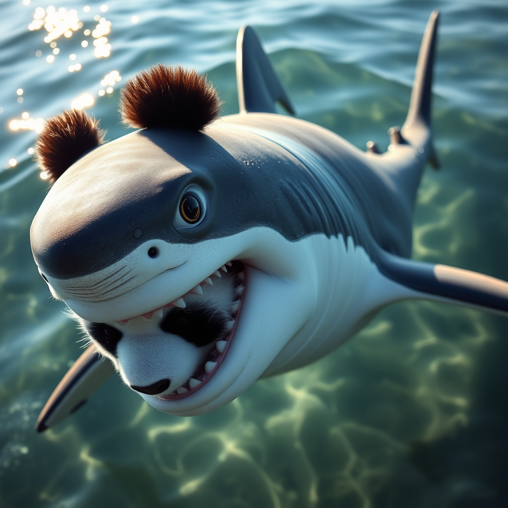 Three-quarter view of a mesmerizing shark-panda hybrid, its sleek shark body adorned with soft panda fur patches. Hyper-realistic details reveal every scale and hair. Piercing eyes blend predatory intensity with gentle wisdom. Submerged in crystal-clear shallows, sunlight dapples its form. - Image