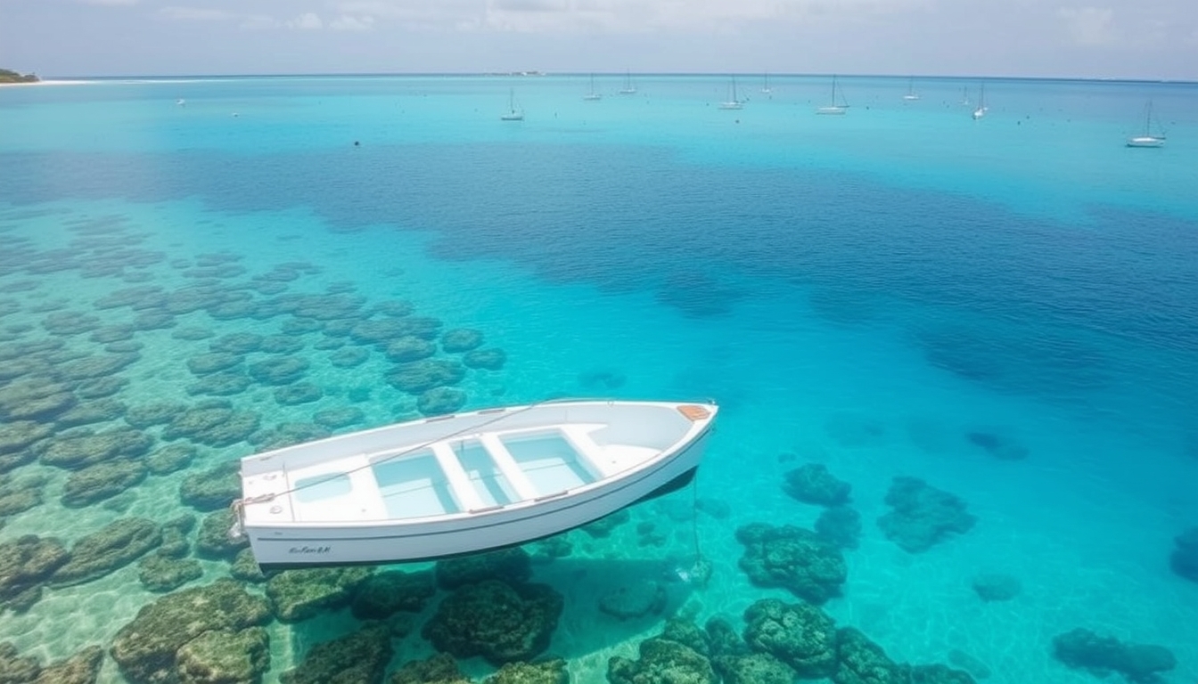 A tranquil beach with a glass-bottomed boat floating over a coral reef.