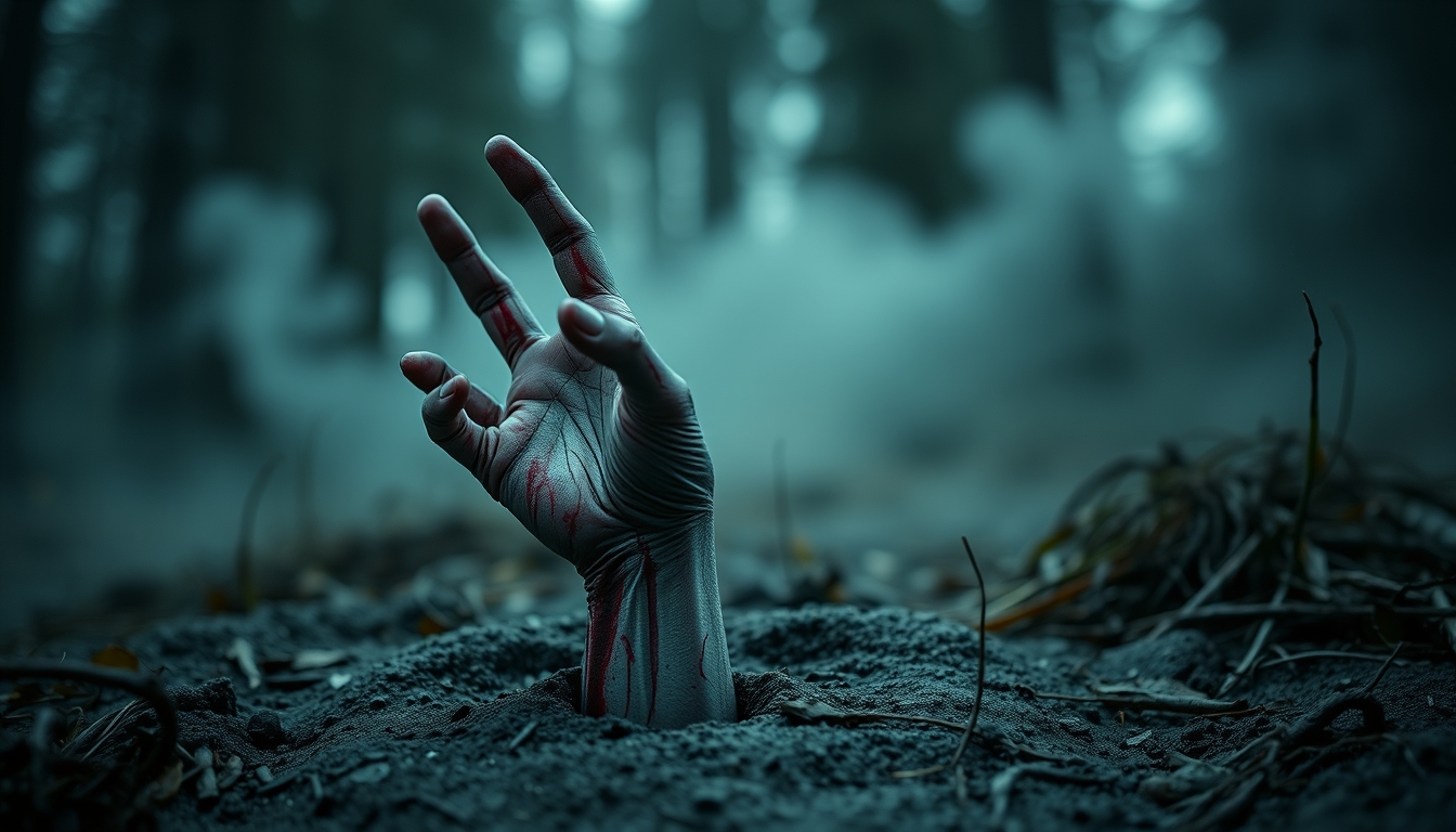 Close up of a zombie witch hand rising from the ground clutching the air.