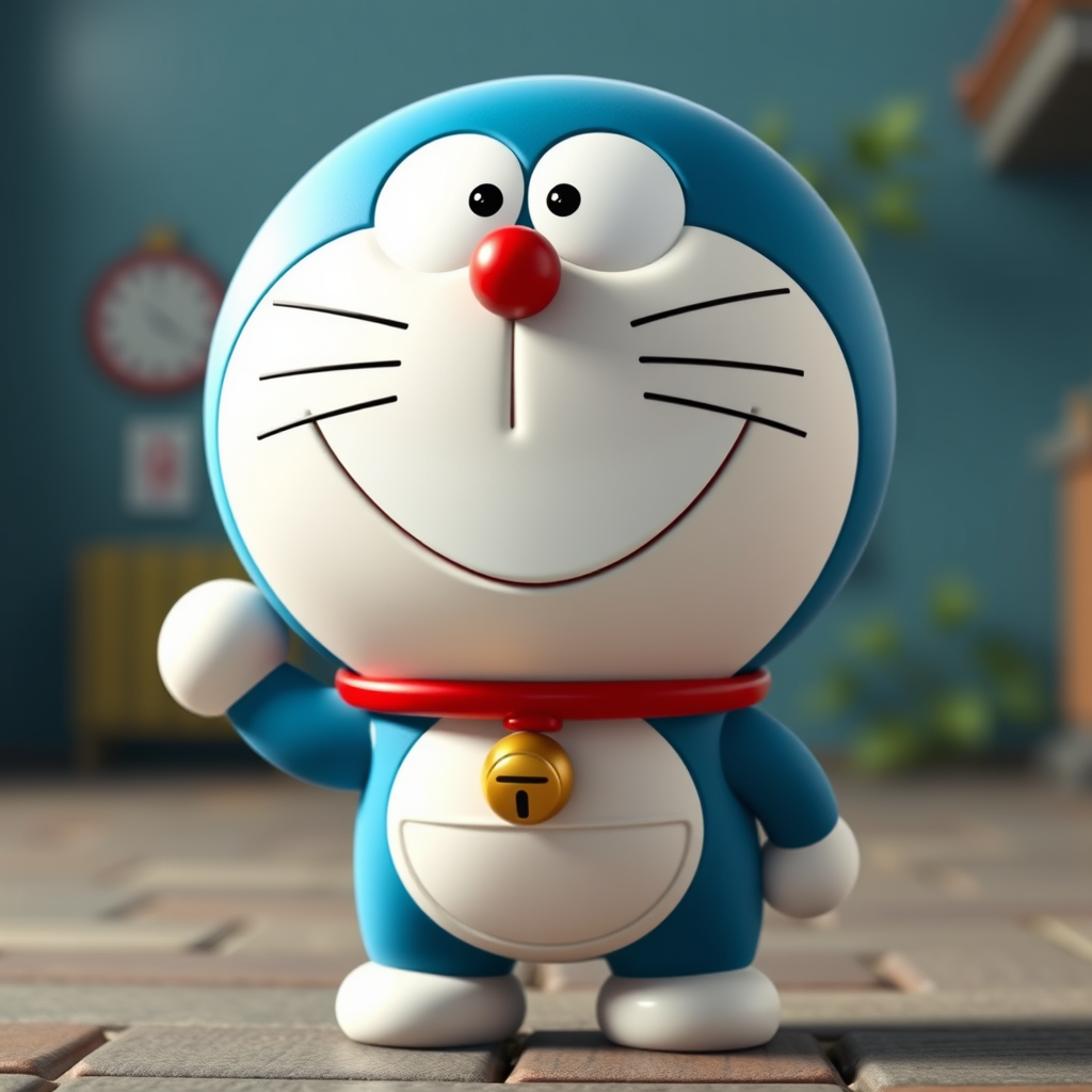 Pixar style, smiling and standing Doraemon, open mouth, hyper-realistic camera style, lifelike details, high-resolution texture, vivid colors, sharp focus, natural lighting, photorealistic quality, cinematic depth of field, true-to-life portrayal.