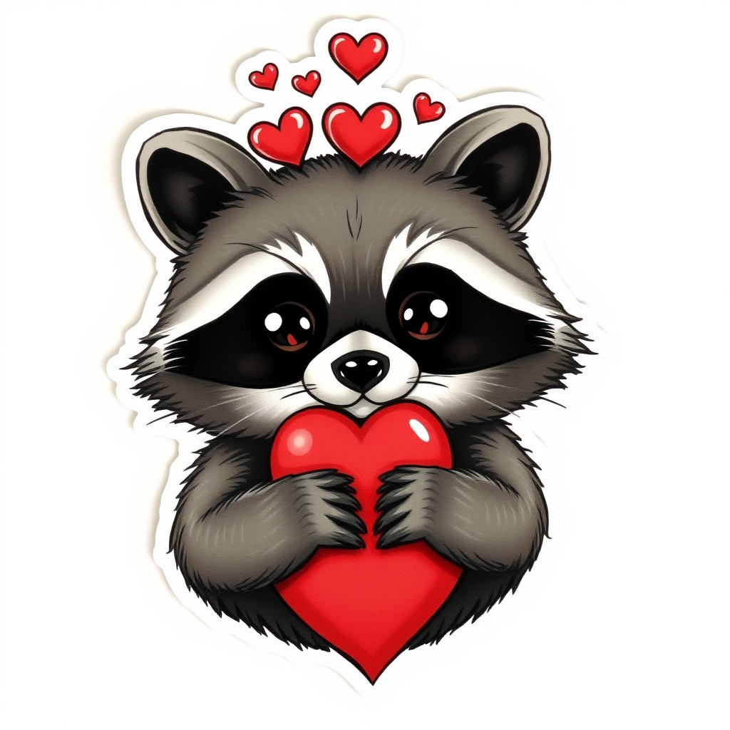 A raccoon with big, shiny eyes shaped like hearts and five little hearts floating around its head. It is holding a heart with its paws. This sticker is great for expressing love, gratitude, or admiration. - Image