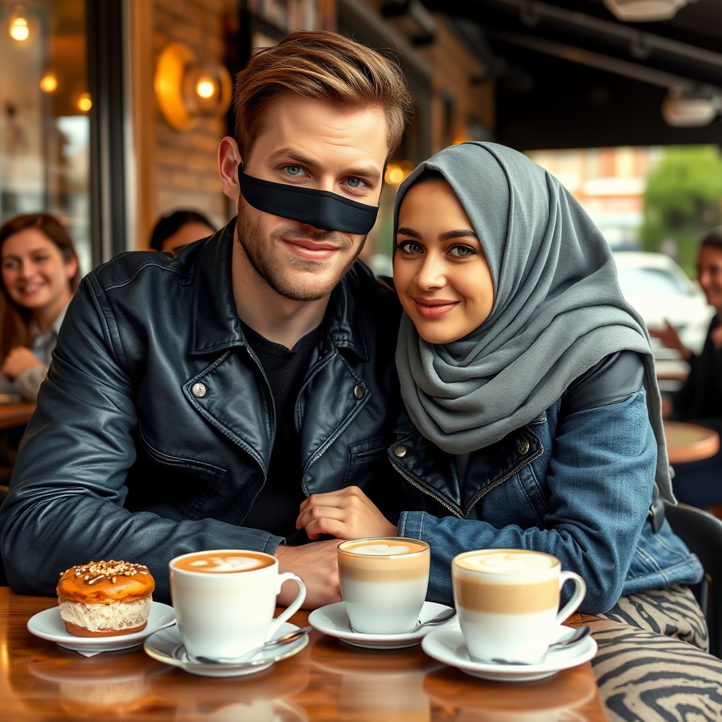 Jamie Dornan's head and body shot, handsome, face mask black, blue jeans jacket, jeans, dating love with a grey hijab Muslim girl, beautiful eyes, face mask black, black leather jacket, biggest zebra pattern skirt, at a cafe, 2 cups of latte, muffin cake, choco donut on a table, with another 3 friends smiling in the back, photorealistic, hyper realistic, street photography, selfie. - Image