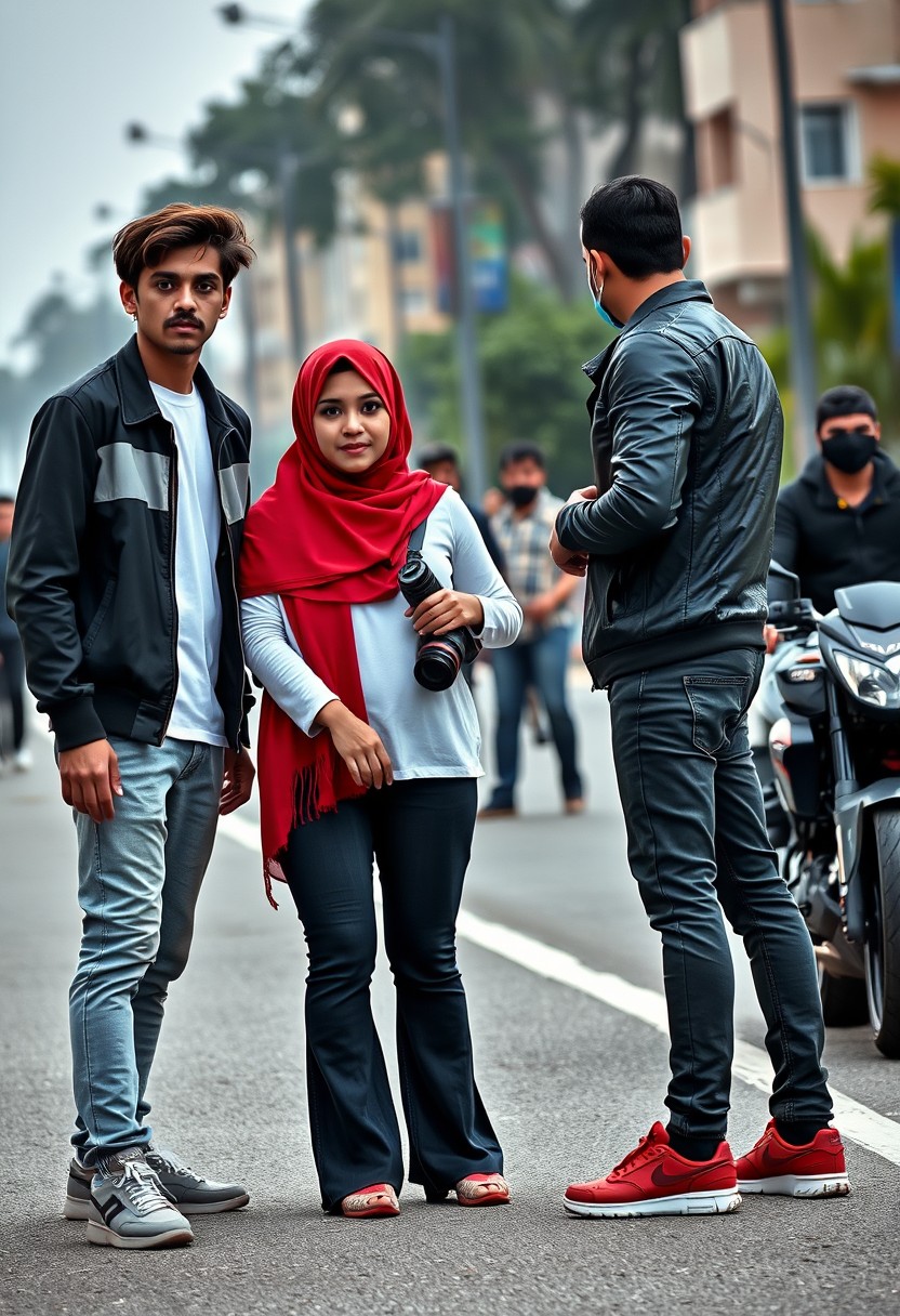 Jamie Dornan and Freddie Prinze, head and body shot, young, serious face, dark brown hair, white t-shirt, collage jacket, skinny jeans, sneakers, standing, discussing with two guys and a short, slim Muslim girl in a red hijab, beautiful eyes, black face mask, black leather jacket, grey long t-shirt, bell-bottom-cutting jeans, red sneakers, holding a Canon DSLR camera, near a town road, superbike, hyper-realistic, street photography, full body photo, three other random strangers in the background.