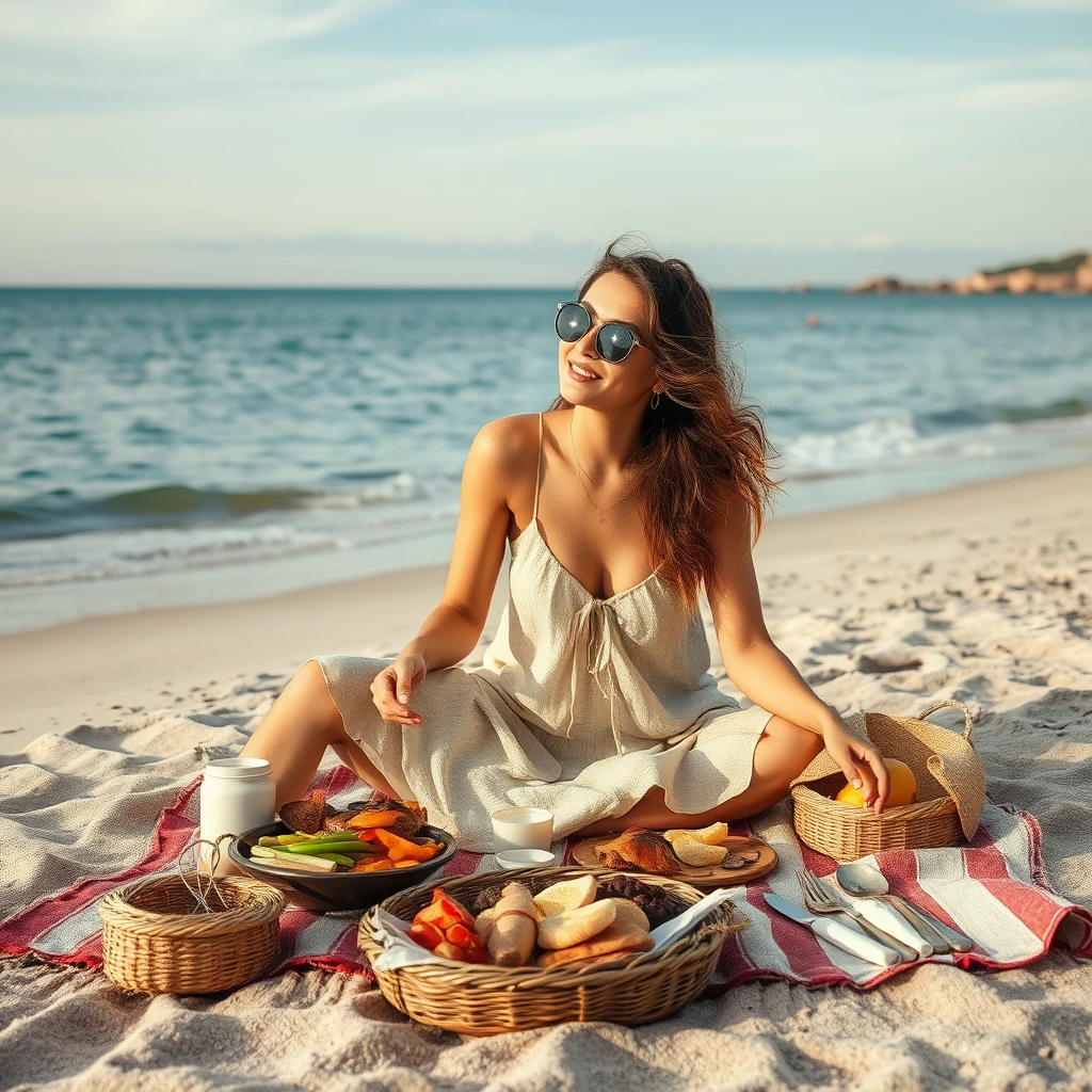 Woman on quiet beach, picnic blanket, local specialties, taste buds and soul wandering, beach picnic, photorealistic style. - Image