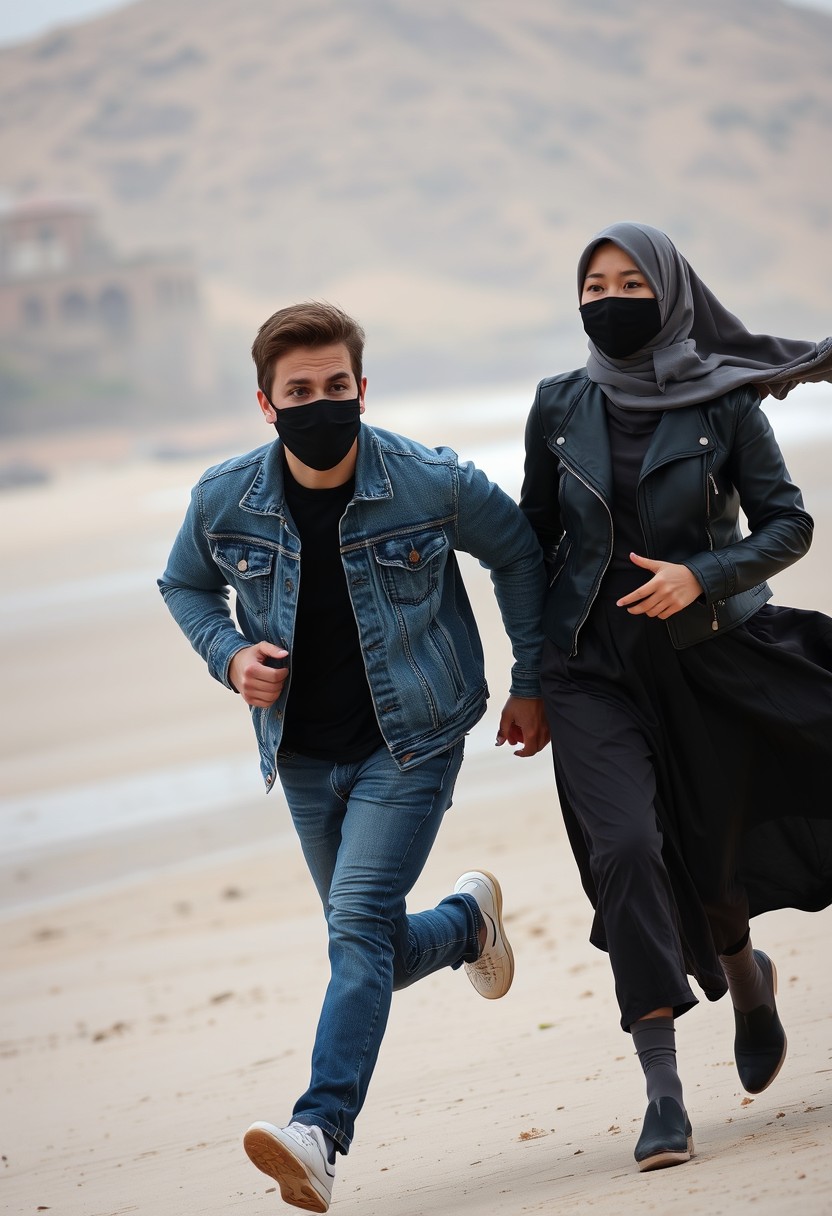 Jamie Dornan's head and body shot, handsome, black face mask, denim jacket, jeans, dating, love couple, with the biggest gray hijab Muslim girl, black face mask, beautiful eyes, black leather jacket, largest skirt, running happily together at the beach, hyper-realistic, street photography.