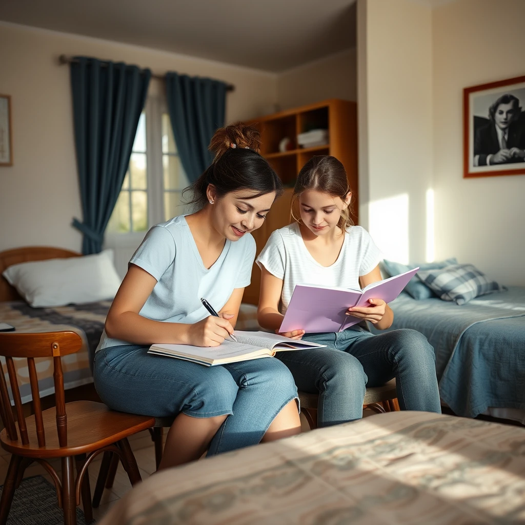 In the room, there is a bed, a table, and chairs. The female tutor is helping the female student with her homework. It's summer, and it's very hot; they are sweating. - Image