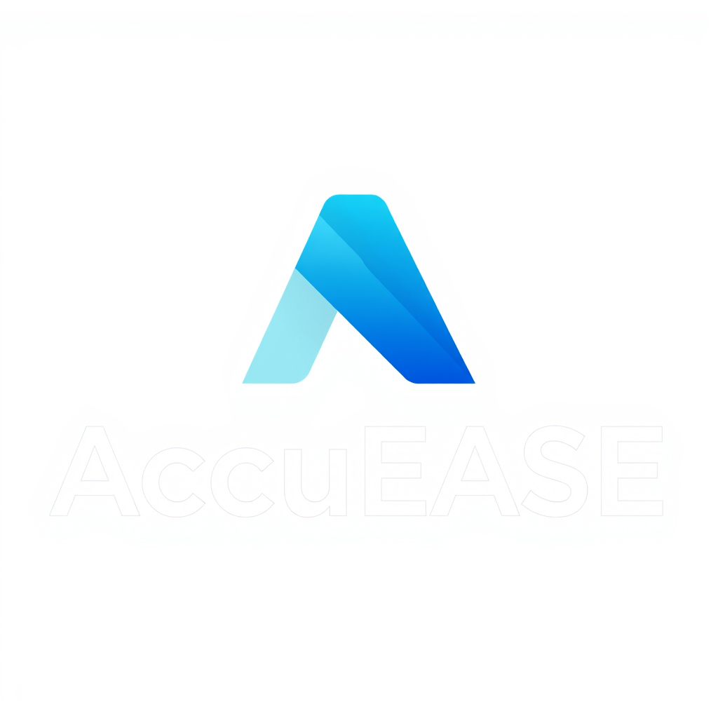 A logo named "AccuEASE" with the letter A has a color palette of #0782d8, #1493dc, #1493dc, and #44ccf4. The "Accu" part is in white and blue, and the entire image has an IT abstract expression with a background-free design. - Image