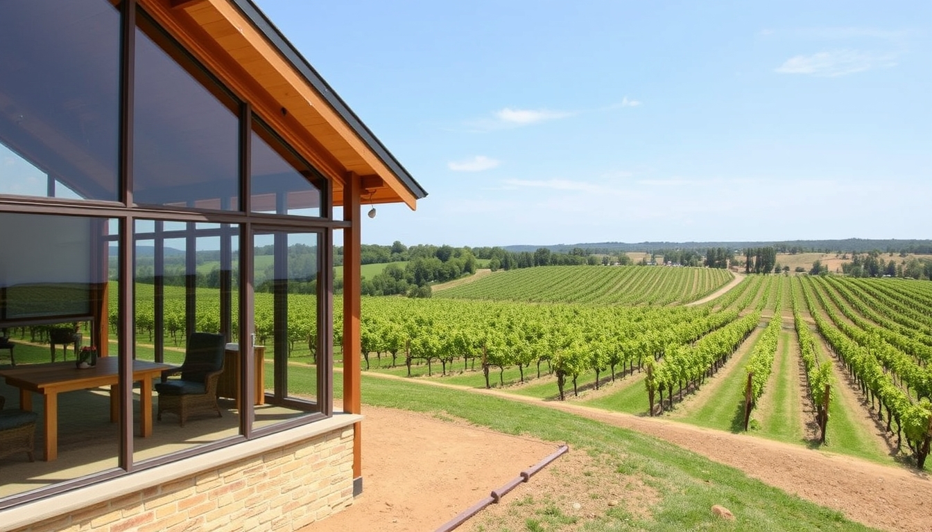 A picturesque vineyard with a glass-walled tasting room overlooking the grapevines.