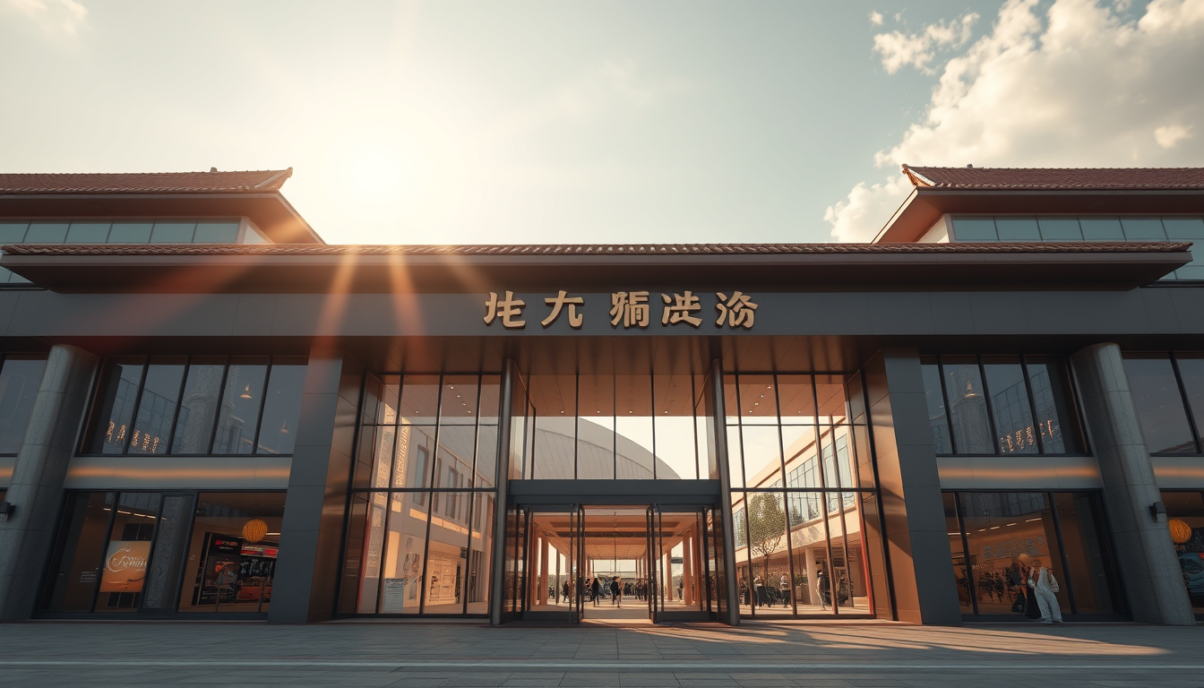 Sun, close-up of a Chinese modern luxury shopping mall gate, (Minimalism: 1.4) design, cold colors, masterpiece, best quality, realistic style, 3D rendering, architectural photography, masterpiece, high quality, ultra high detail, 8K, HD.