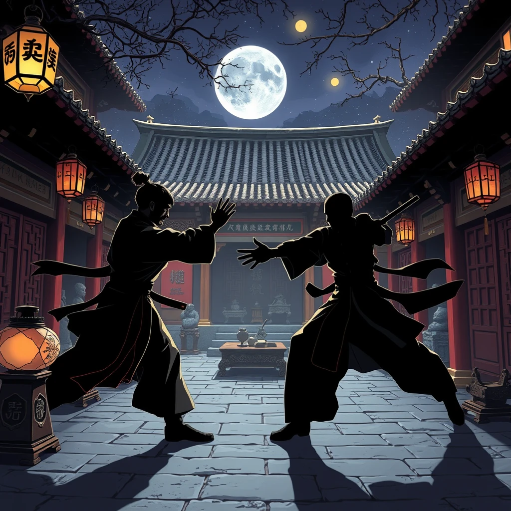 A high-resolution comic-style illustration of a duel between two martial arts masters in an ancient Chinese courtyard at night. Soft light highlights traditional patterns and antiques, with antique lanterns, stone carvings, and martial arts weapons in the courtyard. The silhouettes of two martial arts masters are shown in an intense duel, with the background conveying the mystery and grandeur of Chinese martial arts. - Image