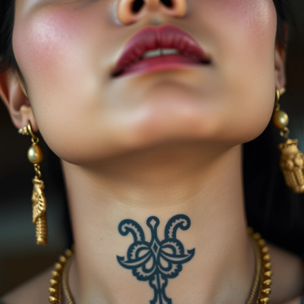 Close-up view of the tattooed neck of a fair-skinned Korean Indian woman with beautiful facial features and blue eyes, wearing gold ornaments and looking upwards.