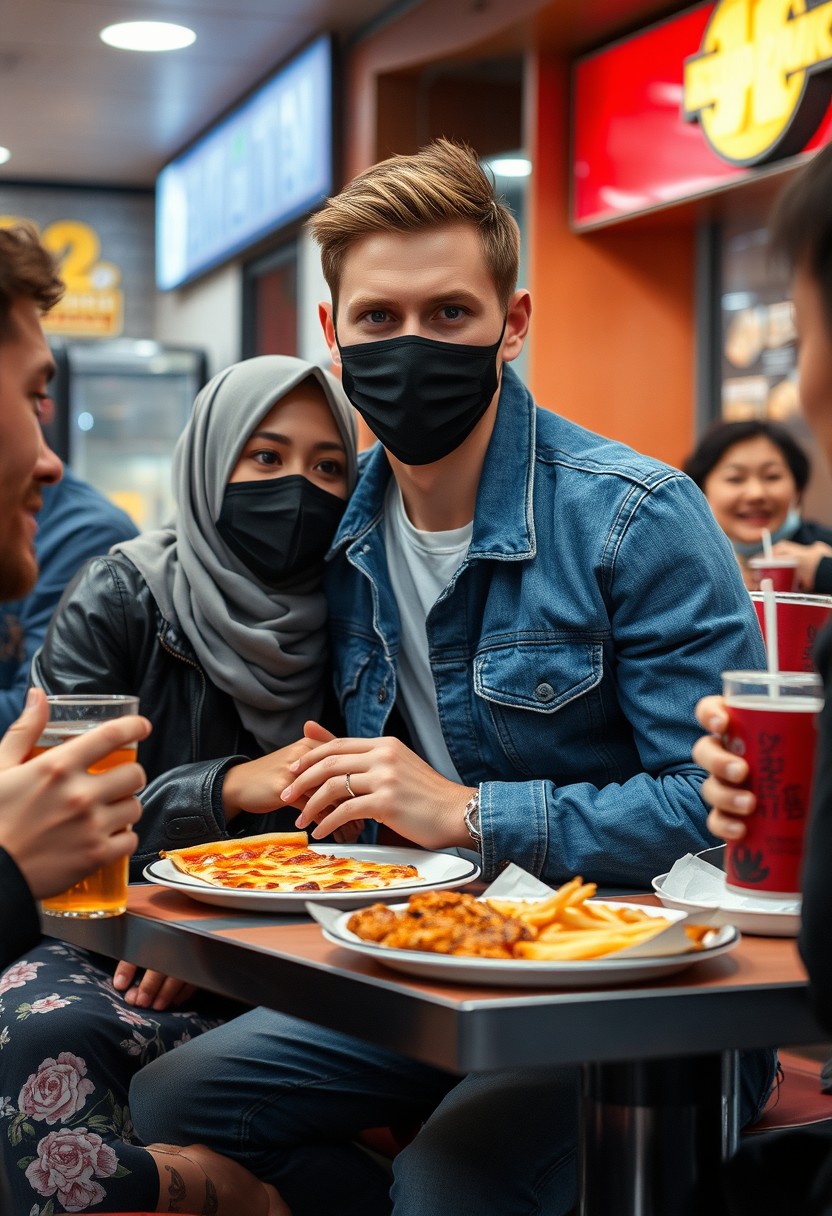 Jamie Dornan's head and body shot, handsome, young, face mask black, blue jeans jacket, jeans, dating love with grey hijab Muslim girl, beautiful eyes, face mask black, black leather jacket, biggest floral skirt, at fast food restaurant, plate of slice of cheese pizza, plate of Korean fried chicken and fries, glass of soft drink, eating with 3 other random smiling friends, photorealistic, hyper realistic, street photography. - Image