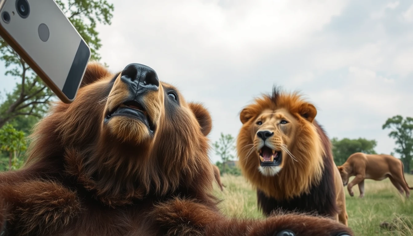 bear taking a selfie with lion