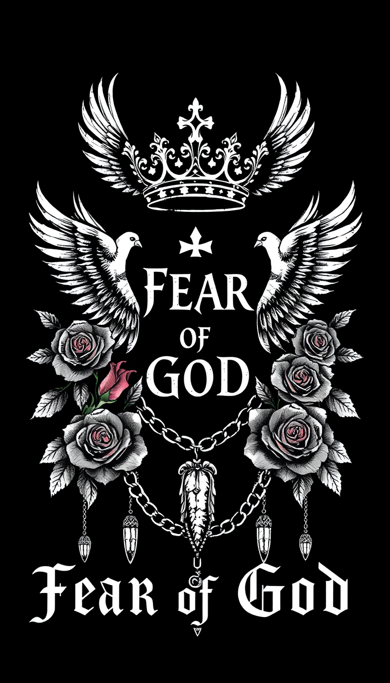 STENCIL INK ART, DOVE crowns, roses chains, and dark, moody colors. -black and white, SOLID COLOR GRAPHIC PRINT, Fear of God BRAND, black background, trap music style CENTER PNG ART. - Image