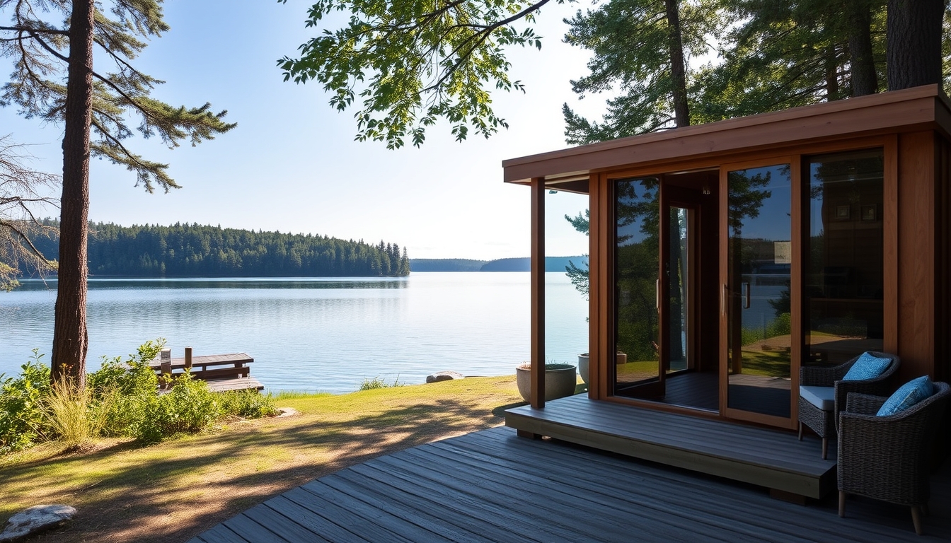 A peaceful lakeside retreat with a glass-fronted sauna overlooking the water. - Image