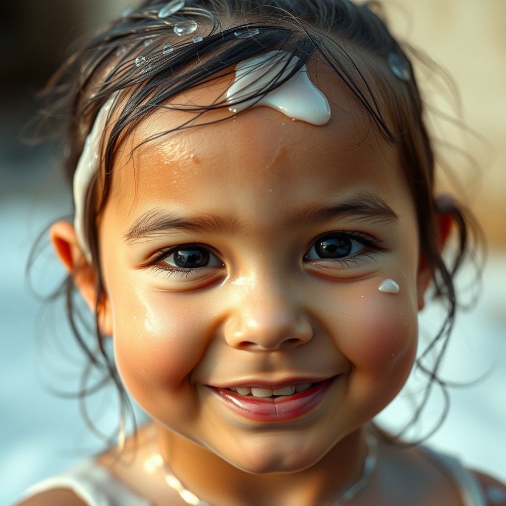 cute little girl with wet oily skin covered in translucent white liquid