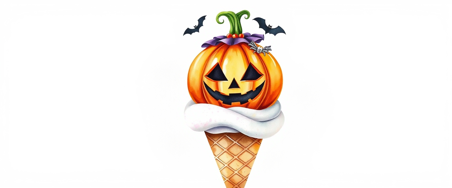 Ice cream cone, topped with Halloween-themed pumpkin face, spooky decorations, Watercolor style - Image